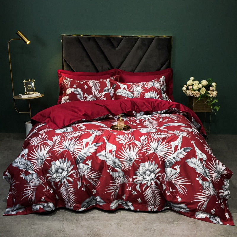 Brigitte Flush Mahogany Floral Design Egyptian Cotton Bedding Set - DARIYA HOME