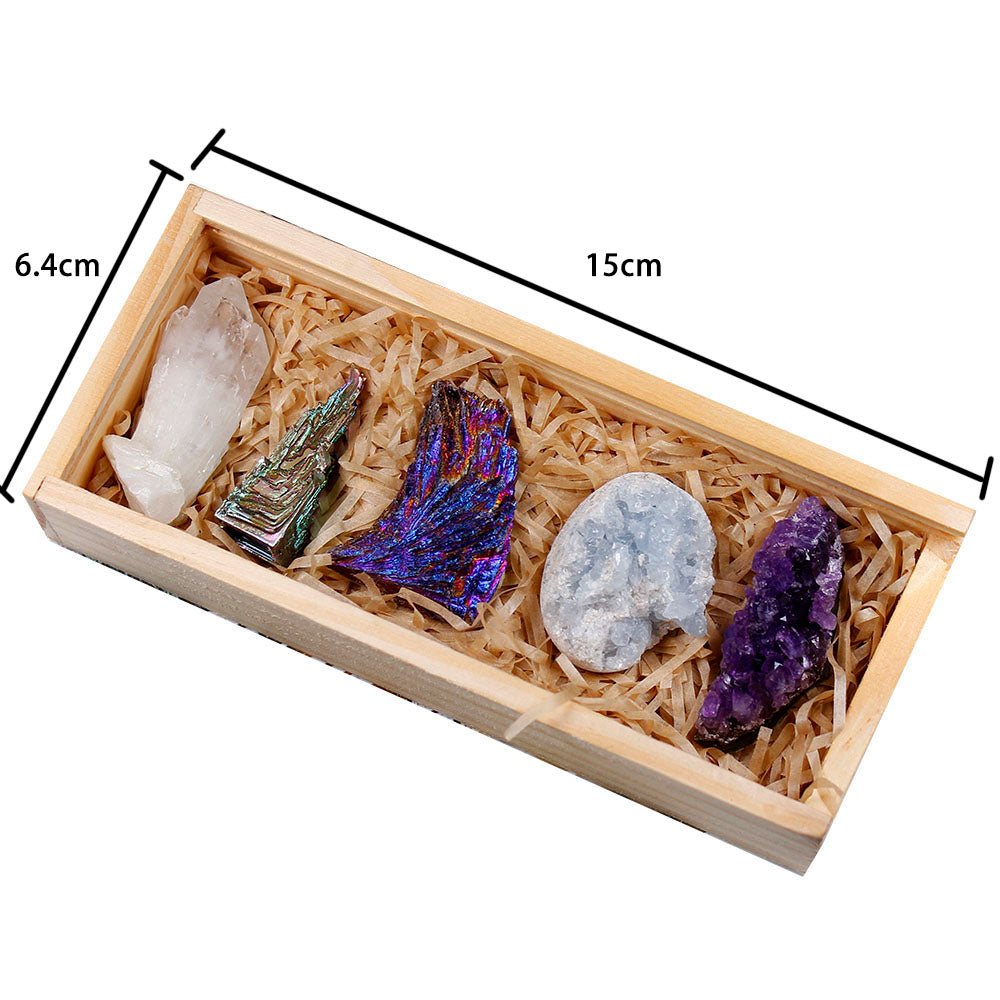 Natural Crystals 5 Pieces Set Home Collection Wooden Box Gift