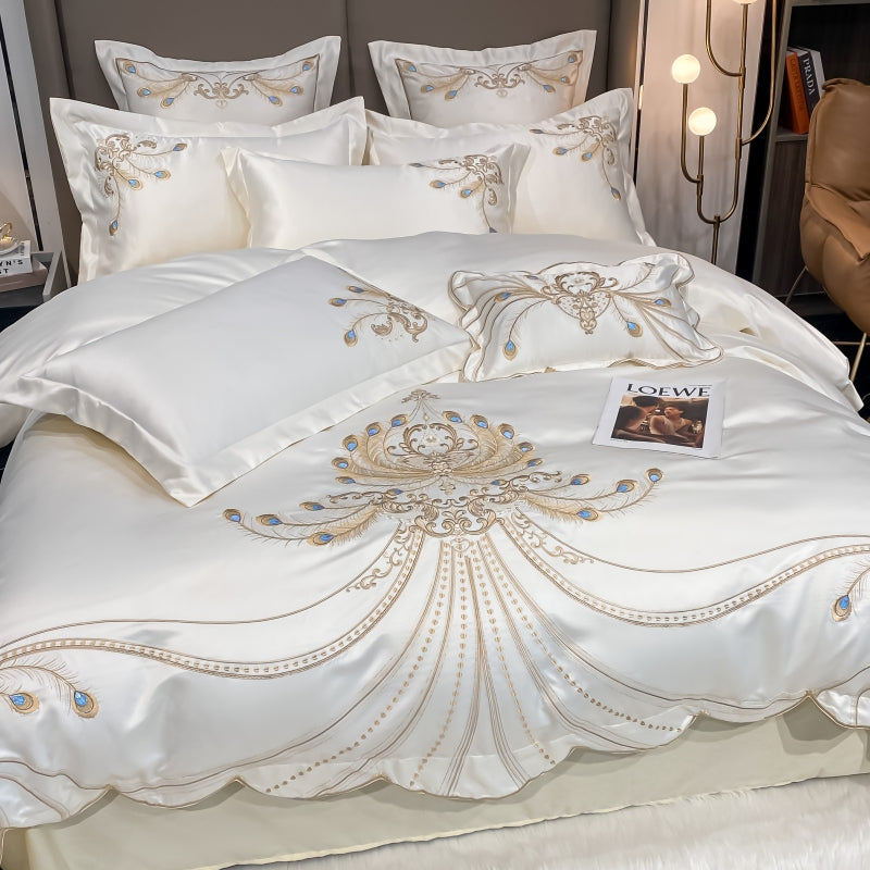 Virginia Luxury Satin Egyptian Cotton Royal Feather Embroidery Duvet Bedding Set - DARIYA HOME