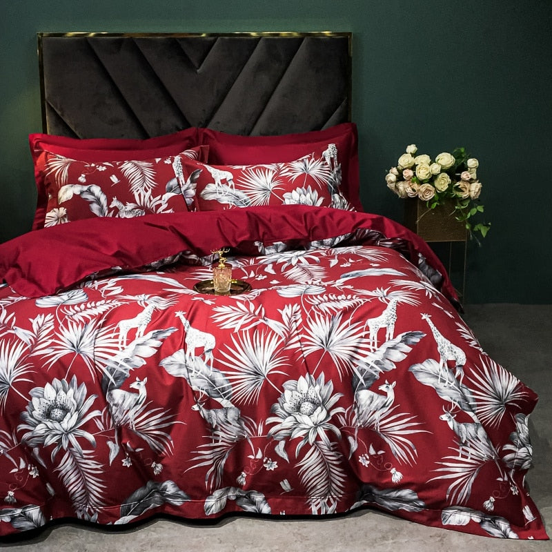 Brigitte Flush Mahogany Floral Design Egyptian Cotton Bedding Set - DARIYA HOME