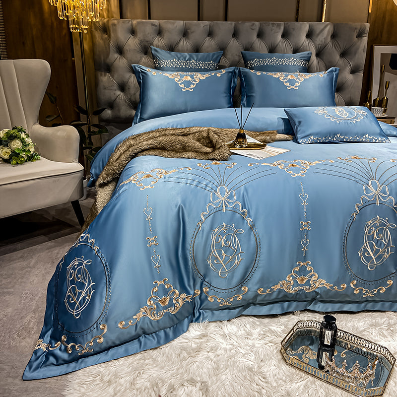 Naomi Rock Blue Luxury 600TC Satin Egyptian Cotton Royal Embroidery Duvet Bedding Set - DARIYA HOME