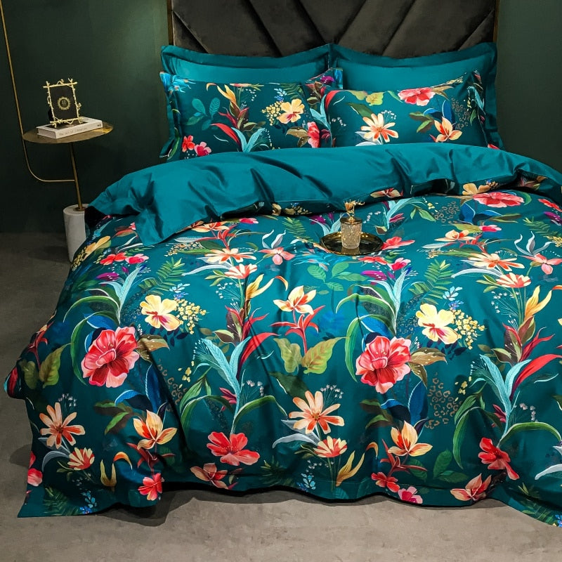 Brigitte Blue Lagoon Floral Design Egyptian Cotton Bedding Set - DARIYA HOME