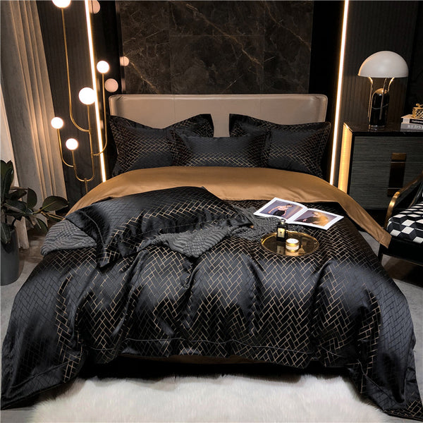 Eleonore Black 1000TC Satin Jacquard Egyptian Cotton Royal Duvet Bedding Set - DARIYA HOME