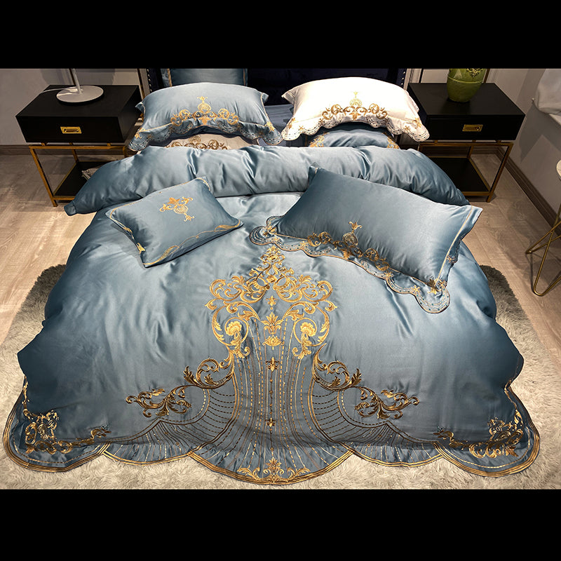 Lucia Pale Sky Royal Luxury Soft Satin Egyptian Cotton Royal Embroidery Duvet Bedding Set - DARIYA HOME