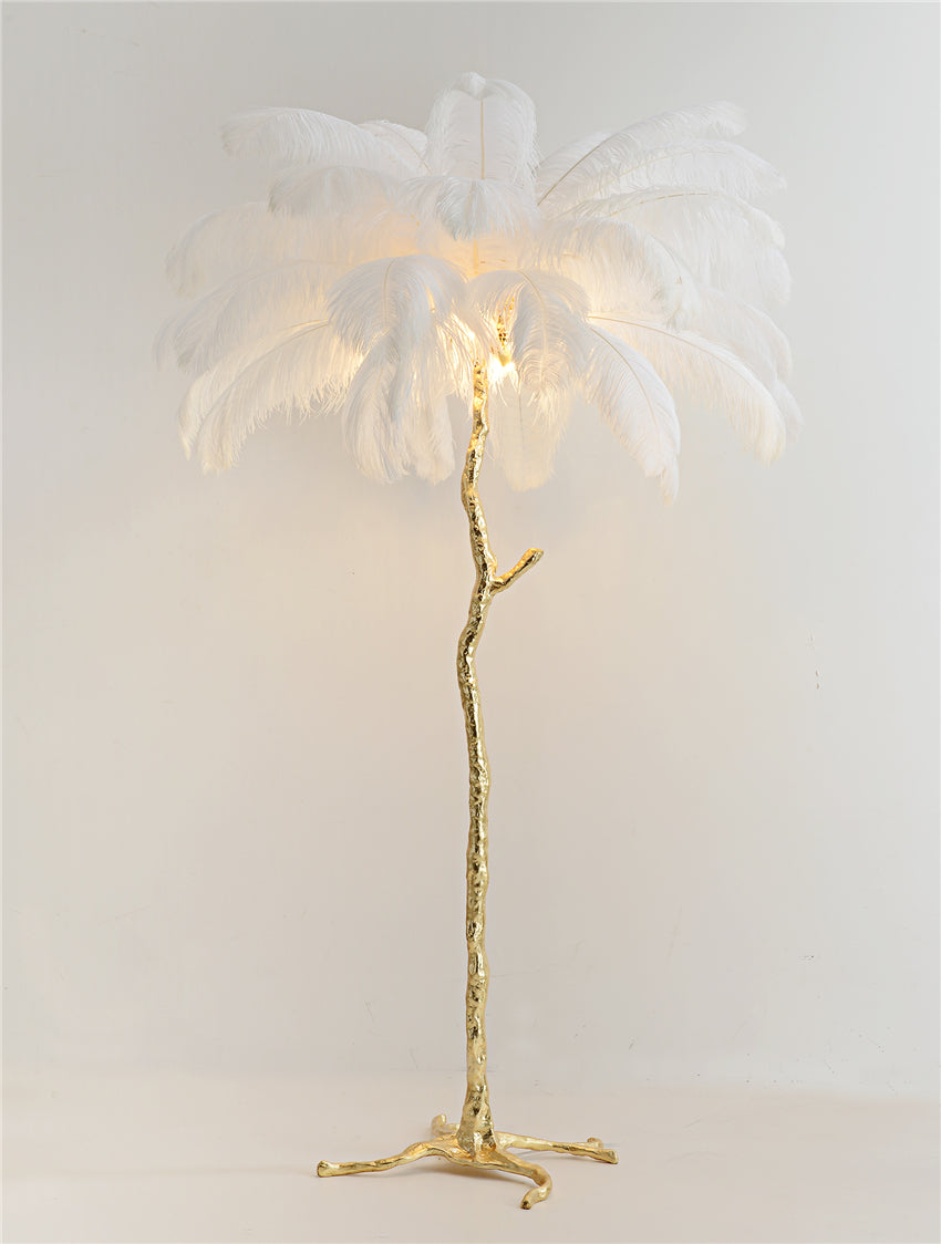 "King of The Jungle" White Ostrich Feathers Handcrafted Copper Body Decor Floor Table Lamp - DARIYA HOME