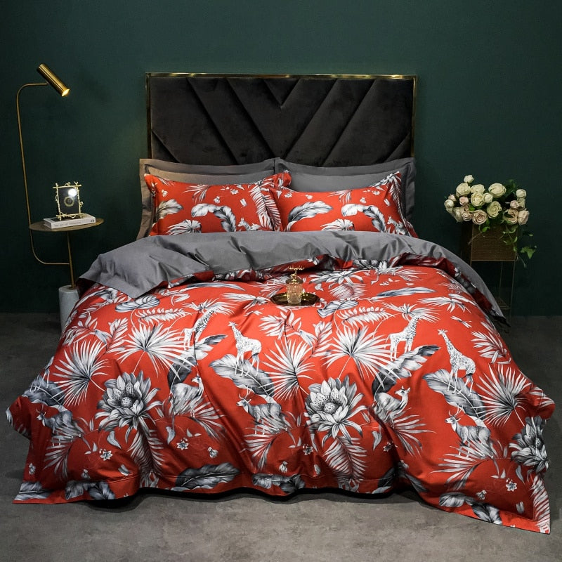 Brigitte Persimmon Floral Design Egyptian Cotton Bedding Set - DARIYA HOME