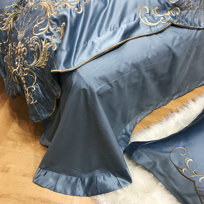 Victoria Dark Blue Luxury 600TC Satin Egyptian Cotton Royal Embroidery Duvet Bedding Set - DARIYA HOME