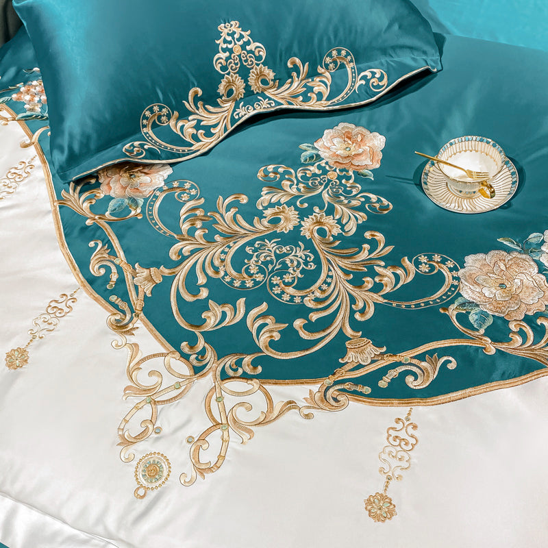 Julieta Deep Sea Green Luxury 600 TC Cotton Flowers Royal Embroidery Duvet Bedding Set - DARIYA HOME