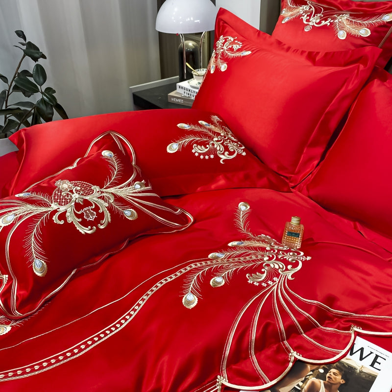 Virginia Red Ribbon Luxury Satin Egyptian Cotton Royal Feather Embroidery Duvet Bedding Set - DARIYA HOME