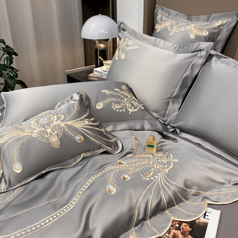 Virginia Dawn Luxury Satin Egyptian Cotton Royal Feather Embroidery Duvet Bedding Set - DARIYA HOME