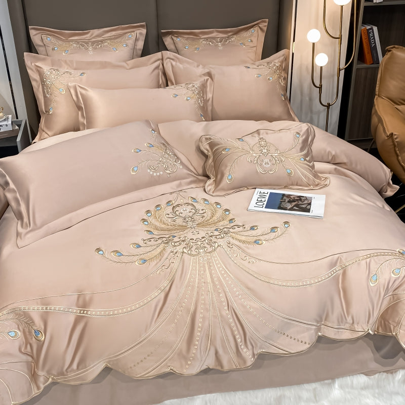 Virginia Almond Luxury Satin Egyptian Cotton Royal Feather Embroidery Duvet Bedding Set - DARIYA HOME