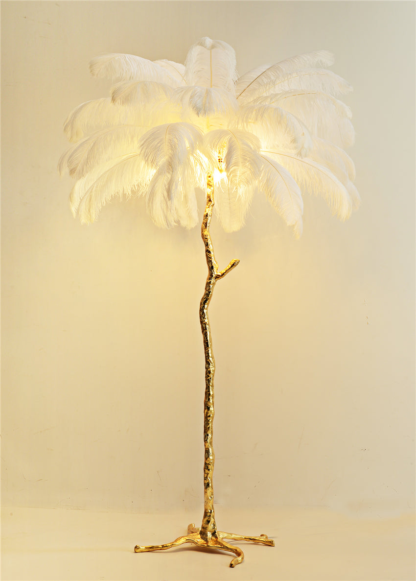 "King of The Jungle" White Ostrich Feathers Handcrafted Copper Body Decor Floor Table Lamp - DARIYA HOME