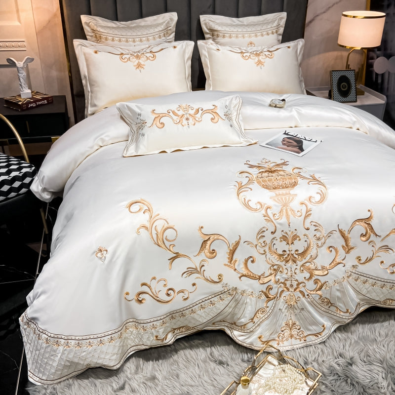 Elmira White Gold 600TC Satin Egyptian Cotton Royal Embroidery Duvet Bedding Set - DARIYA HOME