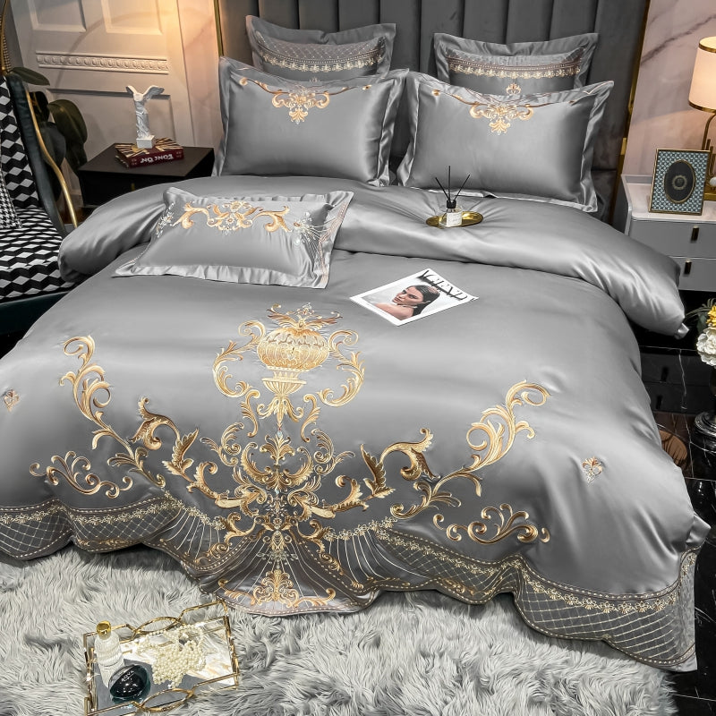 Elmira Grey 600TC Satin Egyptian Cotton Royal Embroidery Duvet Bedding Set - DARIYA HOME