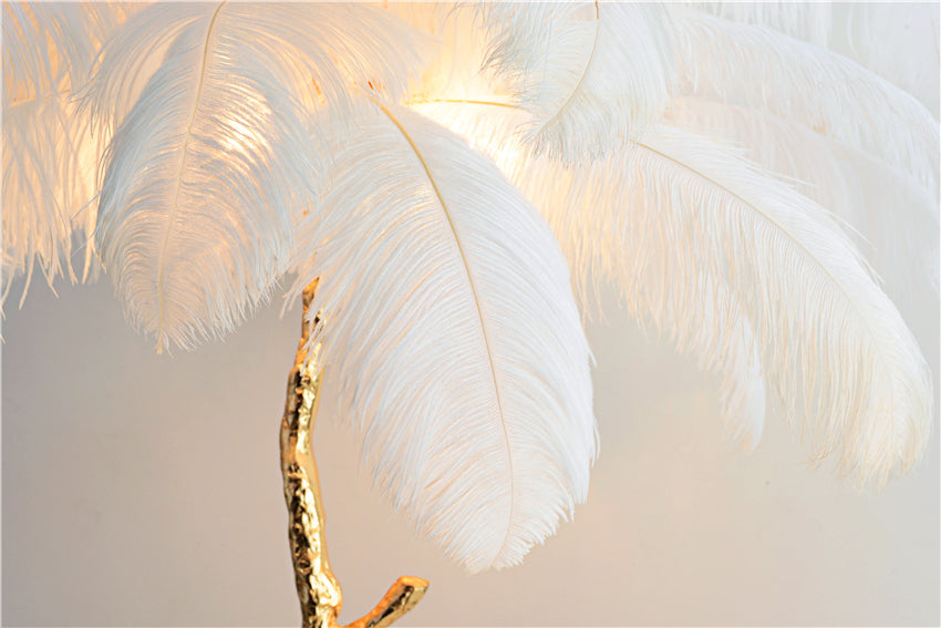 "King of The Jungle" White Ostrich Feathers Handcrafted Copper Body Decor Floor Table Lamp - DARIYA HOME