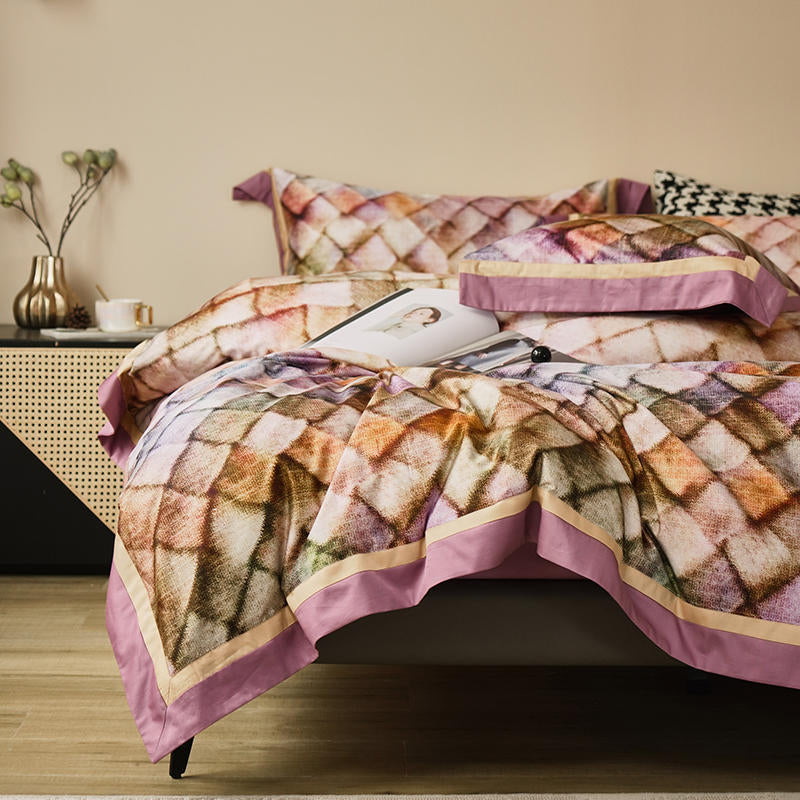 Tullia Purple Squares Pattern Egyptian Cotton Bedding Set - DARIYA HOME