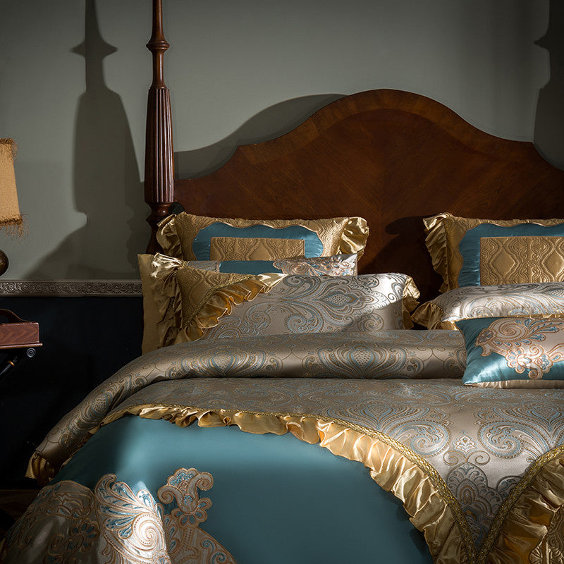 Jacqueline Gold Blue Satin Jacquard Egyptian Cotton Royal Luxury Embroidered Duvet Cover Set - DARIYA HOME