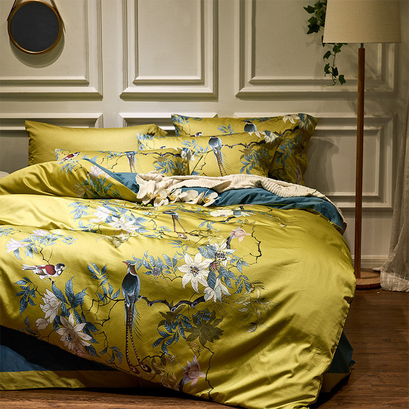 Julia Yellow Bird Floral 600TC Egyptian Cotton Duvet Bedding Set - DARIYA HOME