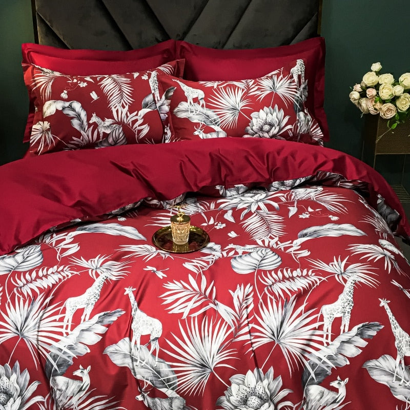 Brigitte Flush Mahogany Floral Design Egyptian Cotton Bedding Set - DARIYA HOME