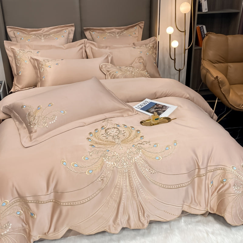 Virginia Almond Luxury Satin Egyptian Cotton Royal Feather Embroidery Duvet Bedding Set - DARIYA HOME