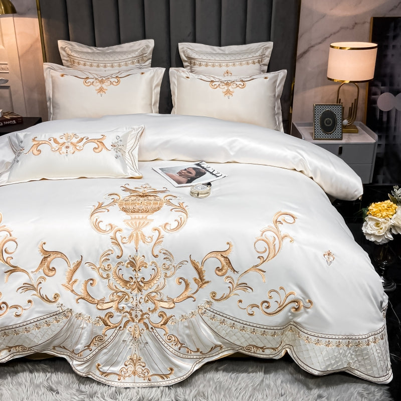 Elmira White Gold 600TC Satin Egyptian Cotton Royal Embroidery Duvet Bedding Set - DARIYA HOME