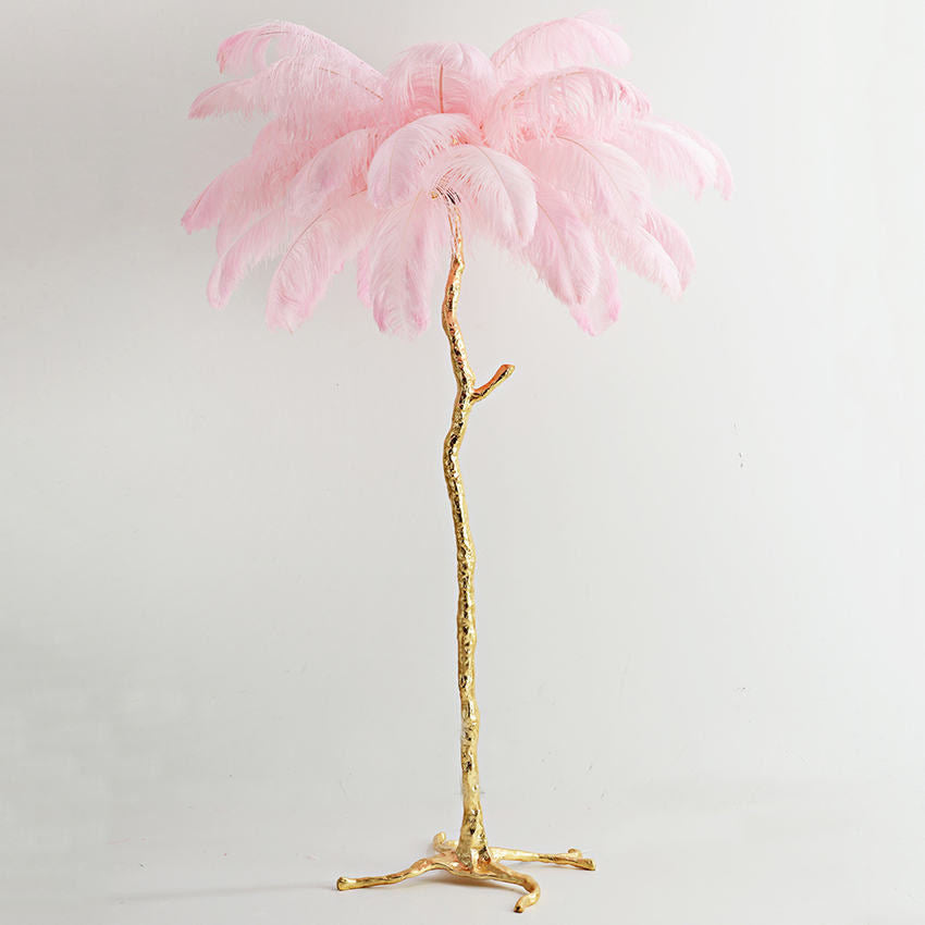 "King of The Jungle" Pink Ostrich Feathers Handcrafted Copper Body Decor Floor Table Lamp - DARIYA HOME