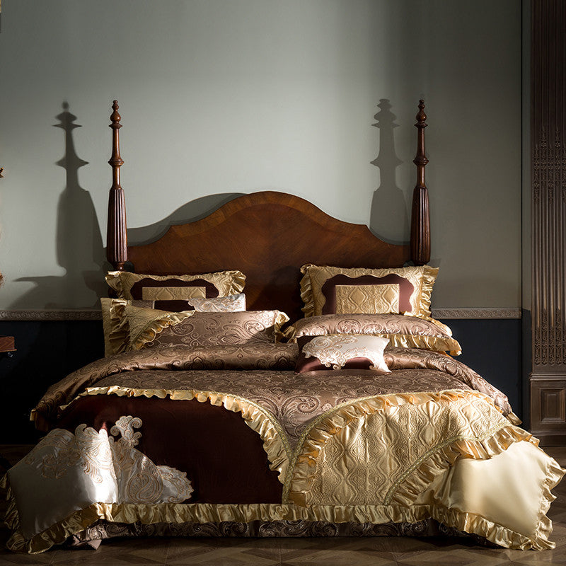 Jacqueline Gold Brown Luxury Satin Jacquard Egyptian Cotton Royal Embroidered Duvet Cover Set - DARIYA HOME