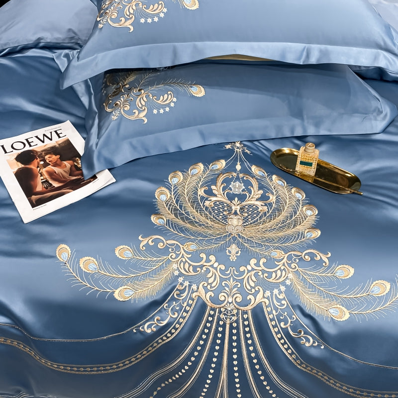 Virginia Blue Luxury Satin Egyptian Cotton Royal Feather Embroidery Duvet Bedding Set - DARIYA HOME