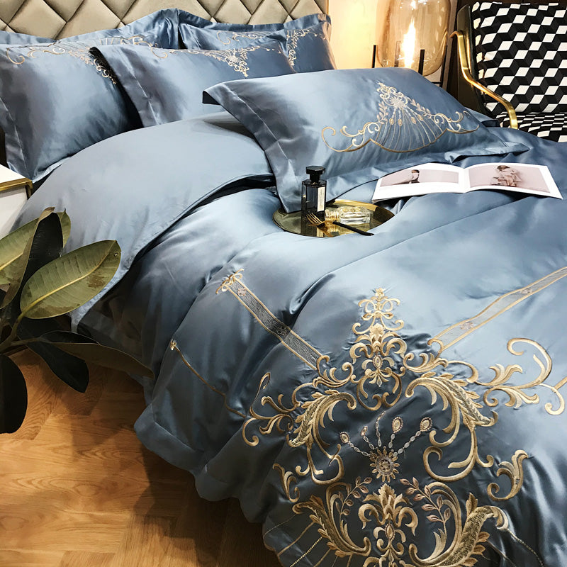 Victoria Dark Blue Luxury 600TC Satin Egyptian Cotton Royal Embroidery Duvet Bedding Set - DARIYA HOME