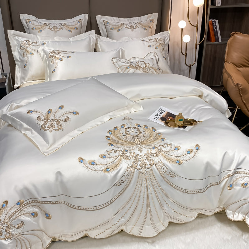 Virginia Luxury Satin Egyptian Cotton Royal Feather Embroidery Duvet Bedding Set - DARIYA HOME