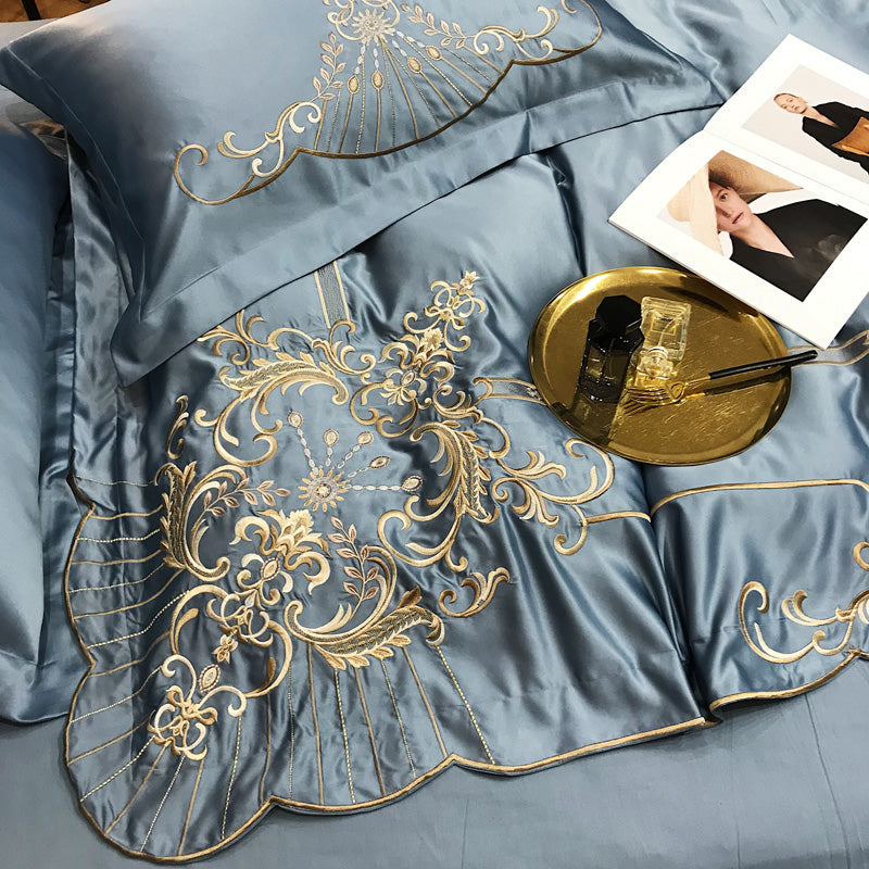 Victoria Dark Blue Luxury 600TC Satin Egyptian Cotton Royal Embroidery Duvet Bedding Set - DARIYA HOME