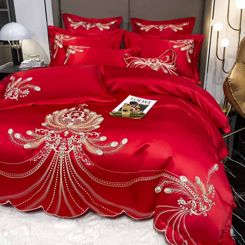 Virginia Red Ribbon Luxury Satin Egyptian Cotton Royal Feather Embroidery Duvet Bedding Set - DARIYA HOME