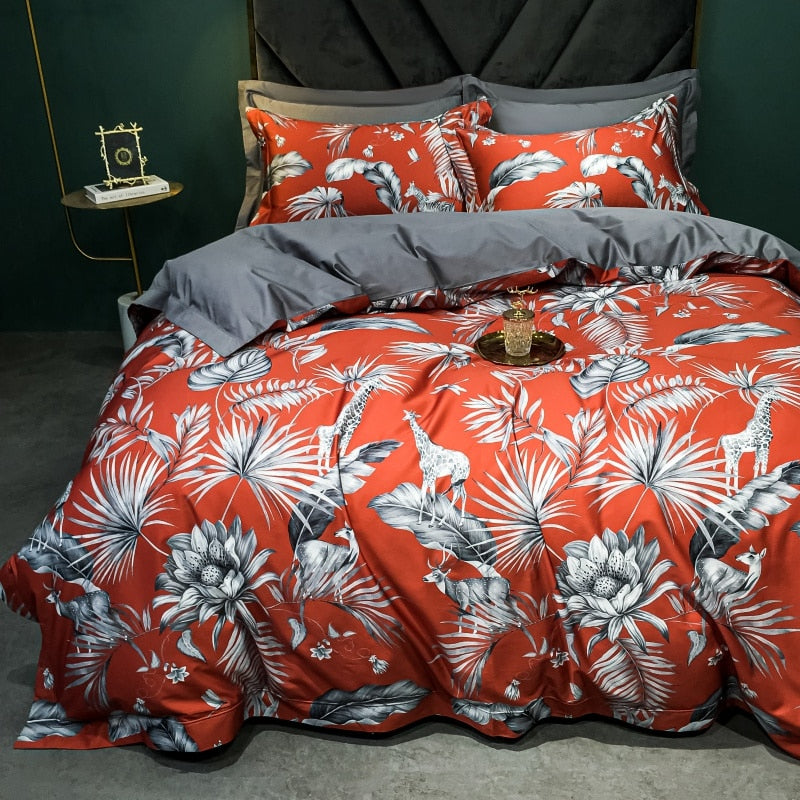 Brigitte Persimmon Floral Design Egyptian Cotton Bedding Set - DARIYA HOME