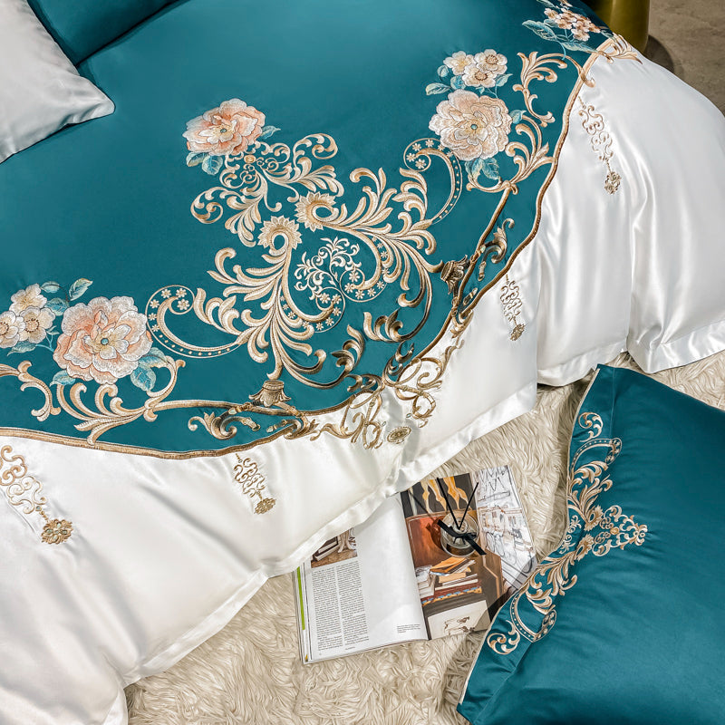 Julieta Deep Sea Green Luxury 600 TC Cotton Flowers Royal Embroidery Duvet Bedding Set - DARIYA HOME