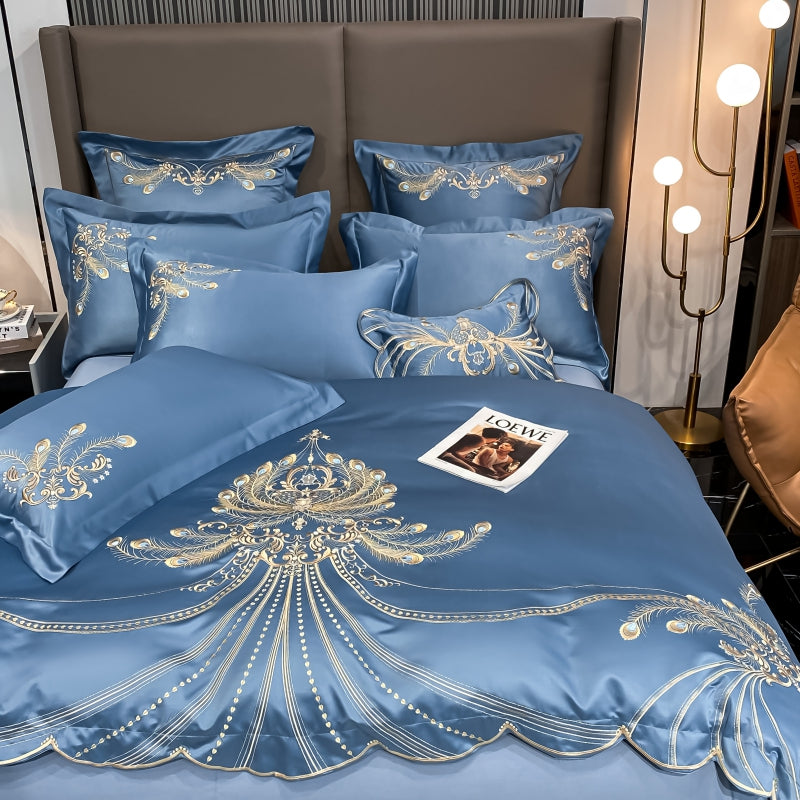 Virginia Blue Luxury Satin Egyptian Cotton Royal Feather Embroidery Duvet Bedding Set - DARIYA HOME