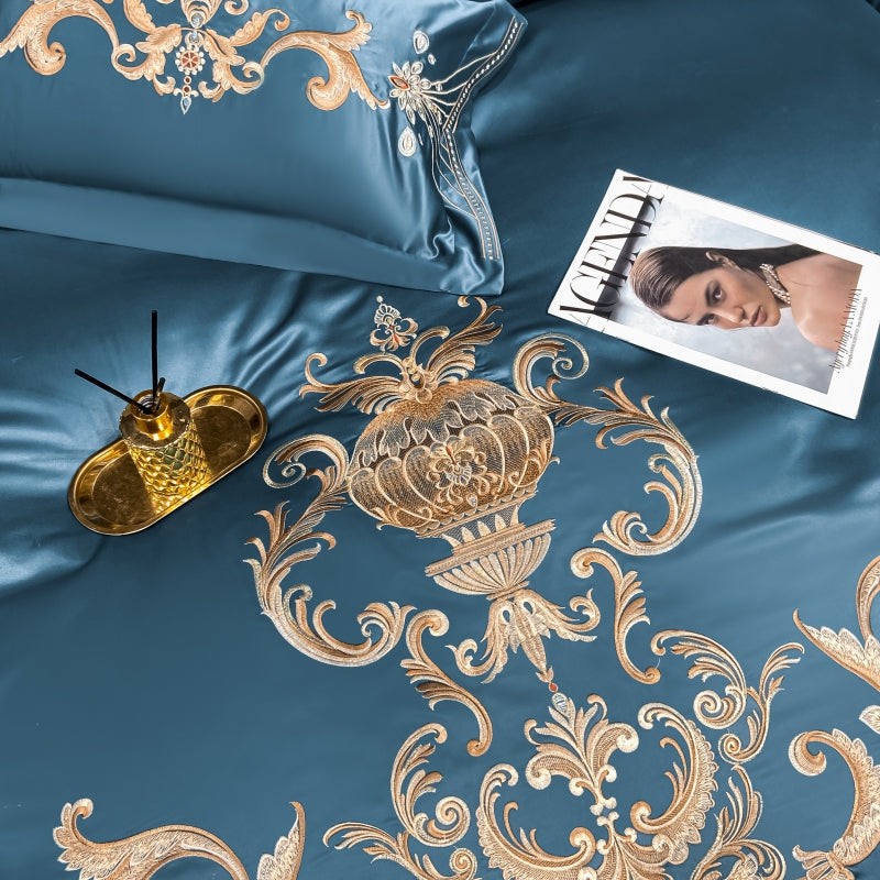 Elmira Blue 600TC Satin Egyptian Cotton Royal Embroidery Duvet Bedding Set - DARIYA HOME