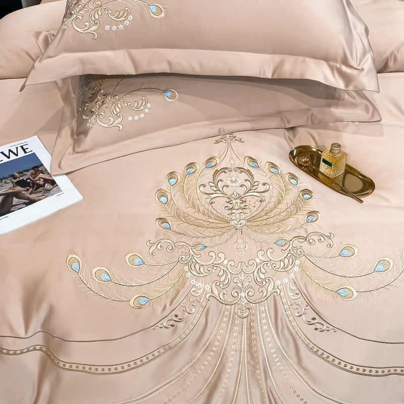 Virginia Almond Luxury Satin Egyptian Cotton Royal Feather Embroidery Duvet Bedding Set - DARIYA HOME