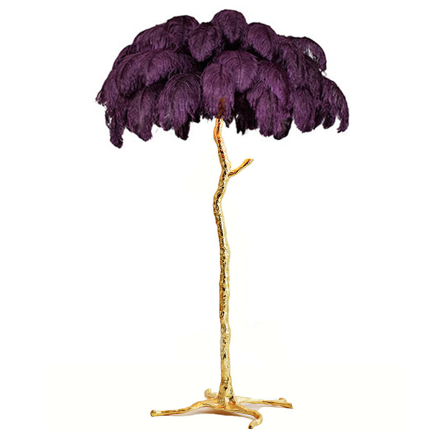 "King of The Jungle" Purple Ostrich Feathers Handcrafted Copper Body Decor Floor Table Lamp - DARIYA HOME