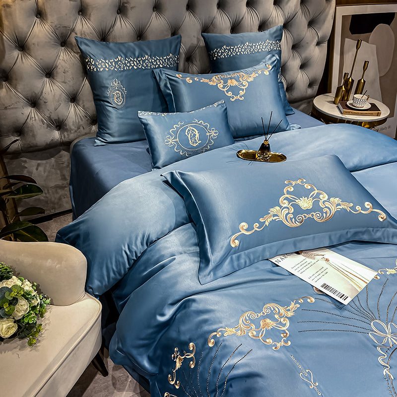 Naomi Rock Blue Luxury 600TC Satin Egyptian Cotton Royal Embroidery Duvet Bedding Set - DARIYA HOME