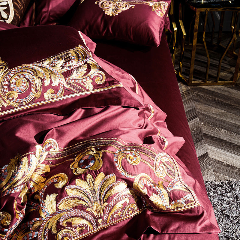 Celeste Burgundy Luxury Palace Embroidery Satin Cotton Royal Duvet Bedding Set - DARIYA HOME