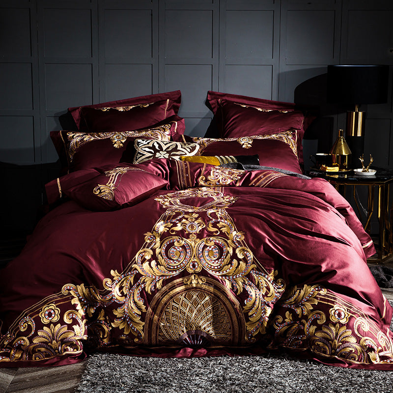 Celeste Burgundy Luxury Palace Embroidery Satin Cotton Royal Duvet Bedding Set - DARIYA HOME