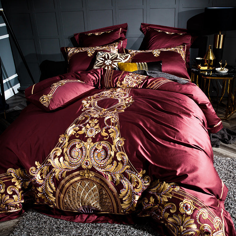 Celeste Burgundy Luxury Palace Embroidery Satin Cotton Royal Duvet Bedding Set - DARIYA HOME