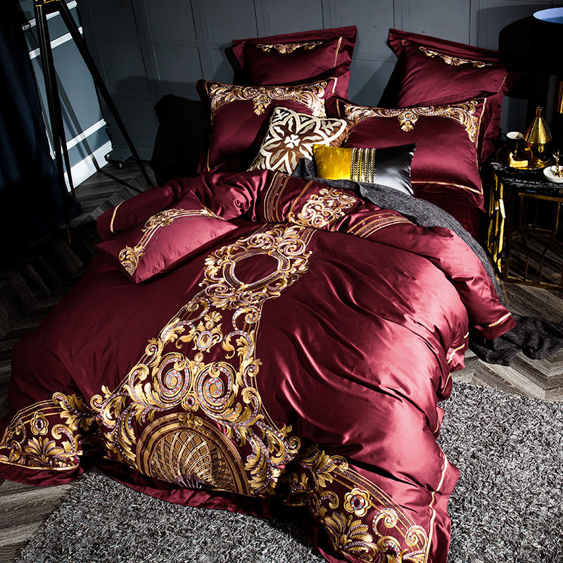 Celeste Burgundy Luxury Palace Embroidery Satin Cotton Royal Duvet Bedding Set - DARIYA HOME