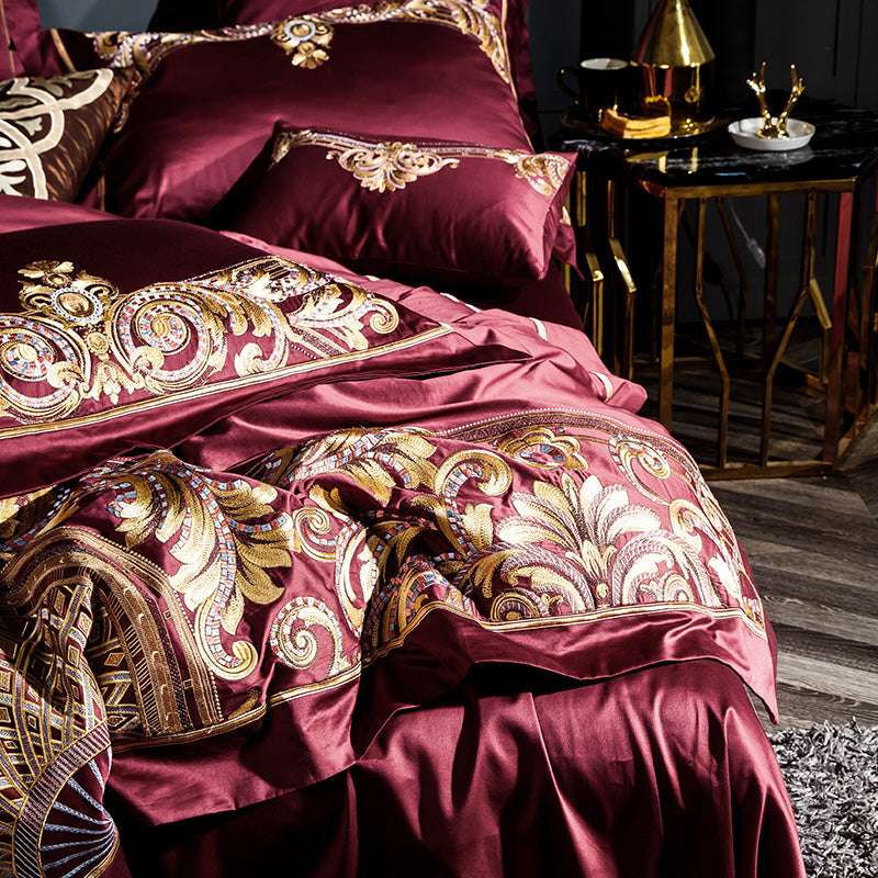 Celeste Burgundy Luxury Palace Embroidery Satin Cotton Royal Duvet Bedding Set - DARIYA HOME