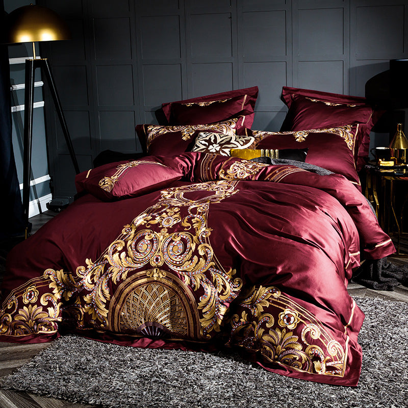 Celeste Burgundy Luxury Palace Embroidery Satin Cotton Royal Duvet Bedding Set - DARIYA HOME