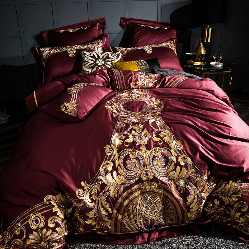 Celeste Burgundy Luxury Palace Embroidery Satin Cotton Royal Duvet Bedding Set - DARIYA HOME