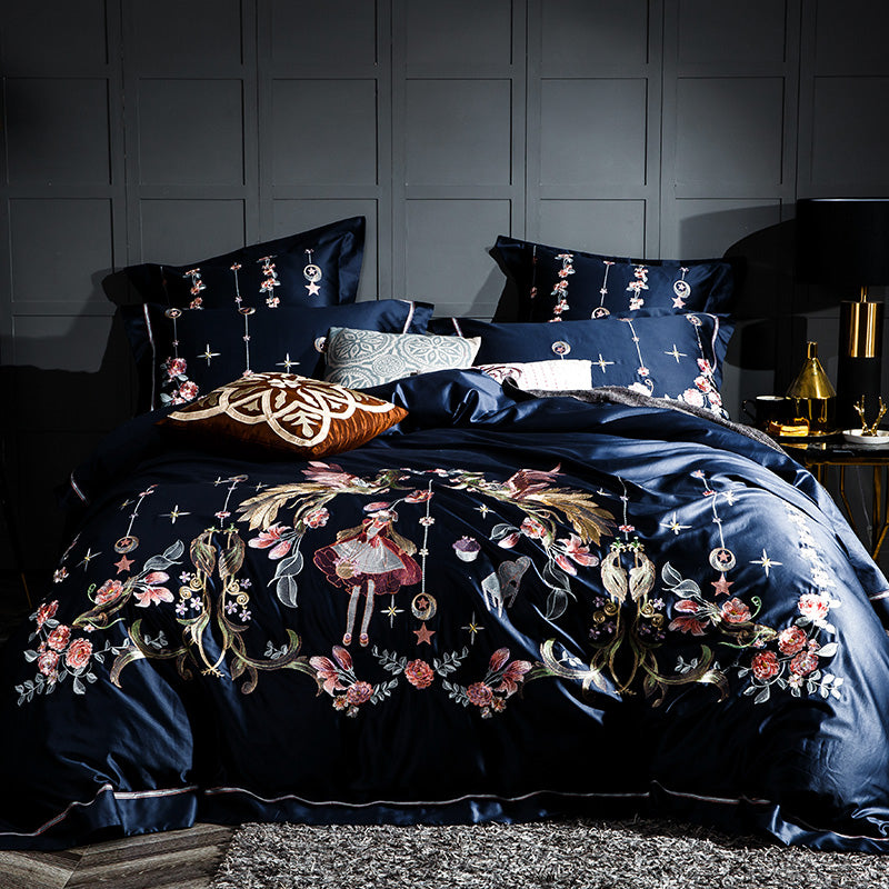 Elizabetha Luxury Flower Embroidery Satin Cotton Royal Duvet Bedding Set - DARIYA HOME