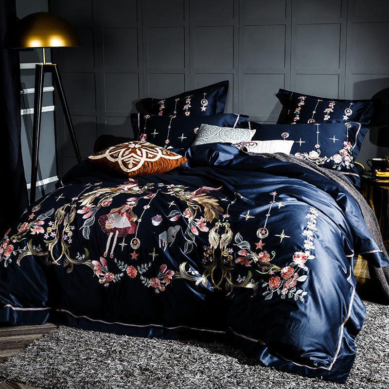 Elizabetha Luxury Flower Embroidery Satin Cotton Royal Duvet Bedding Set - DARIYA HOME