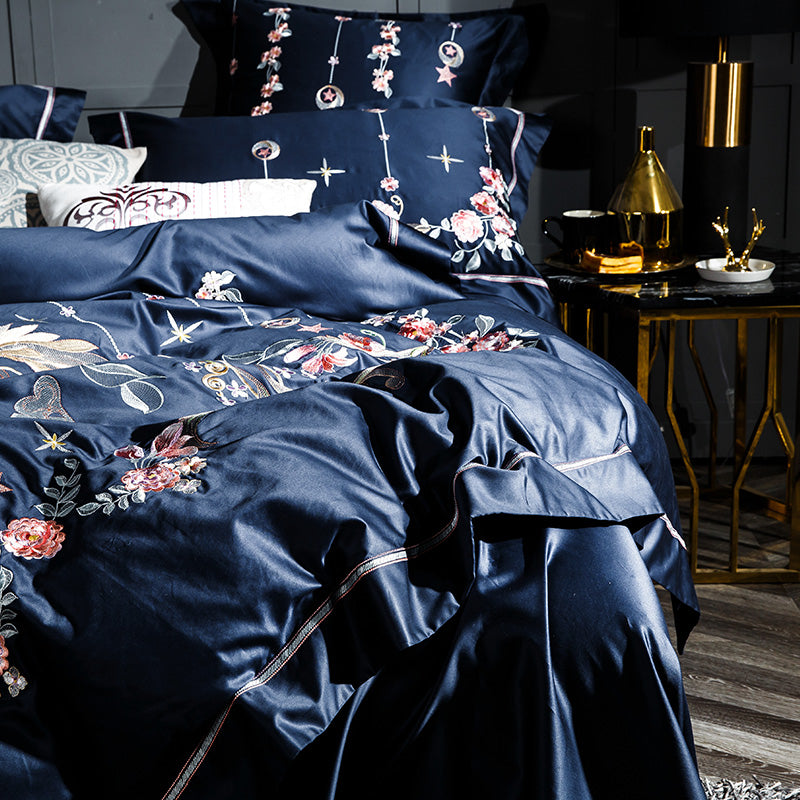 Elizabetha Luxury Flower Embroidery Satin Cotton Royal Duvet Bedding Set - DARIYA HOME