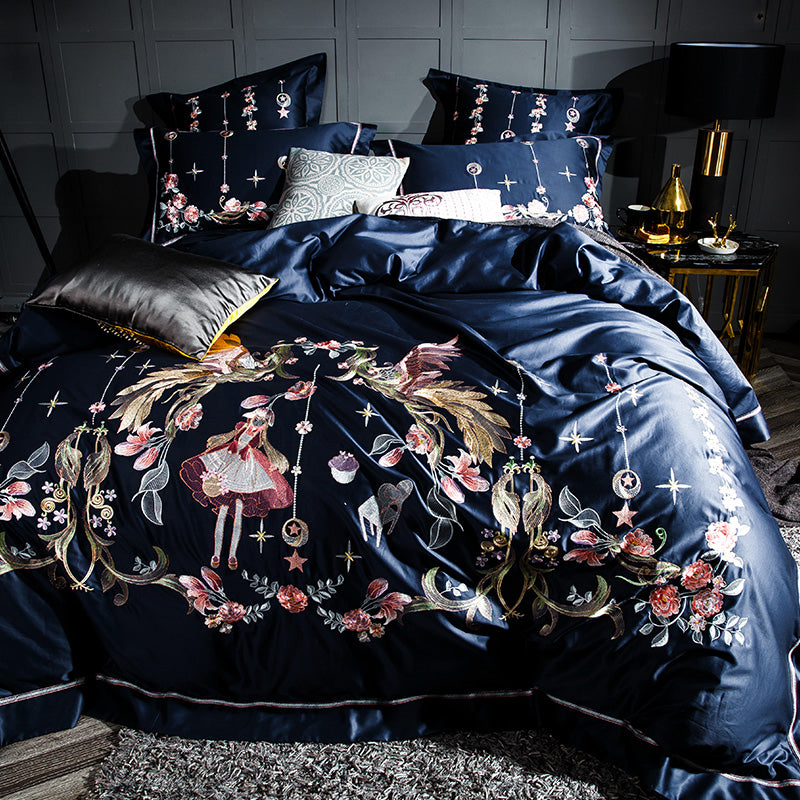 Elizabetha Luxury Flower Embroidery Satin Cotton Royal Duvet Bedding Set - DARIYA HOME